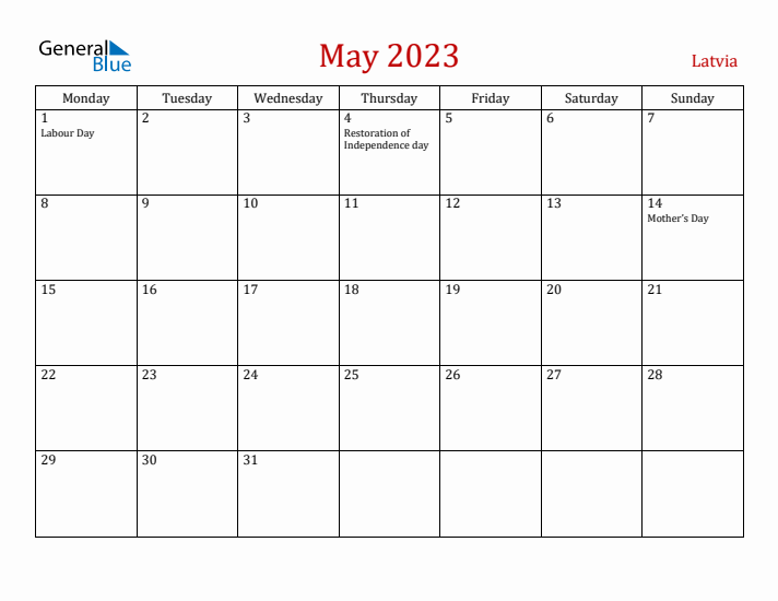 Latvia May 2023 Calendar - Monday Start
