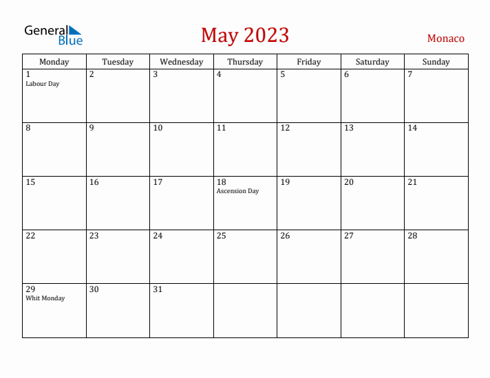Monaco May 2023 Calendar - Monday Start