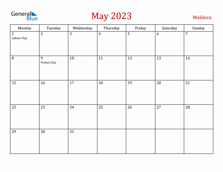 Moldova May 2023 Calendar - Monday Start