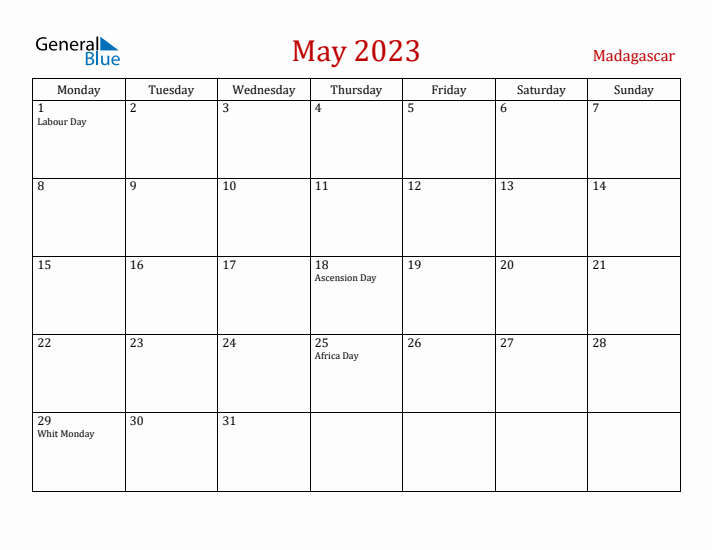 Madagascar May 2023 Calendar - Monday Start