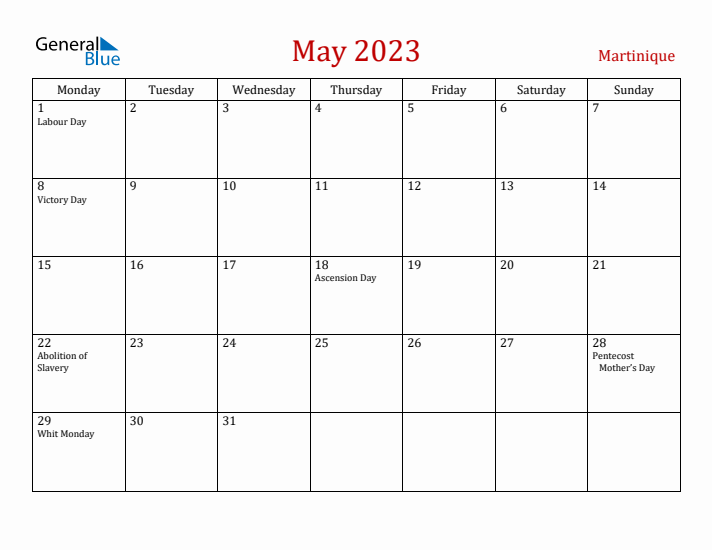 Martinique May 2023 Calendar - Monday Start