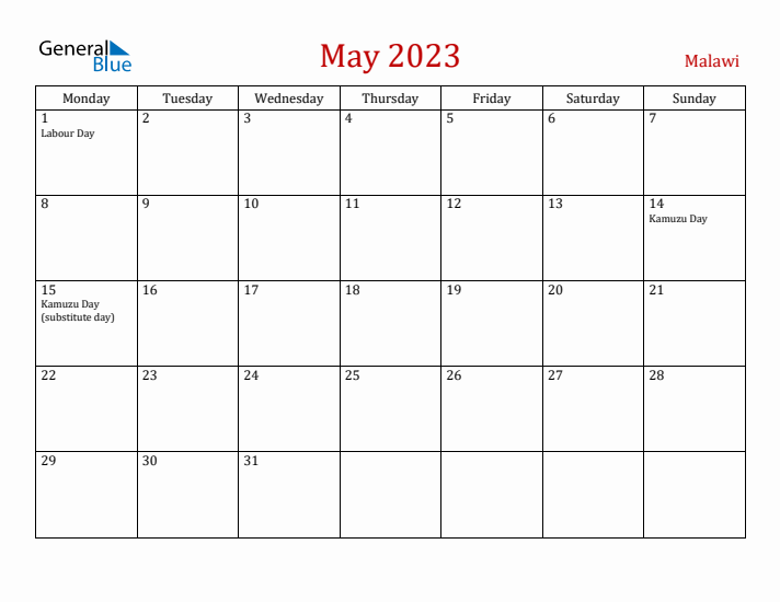Malawi May 2023 Calendar - Monday Start