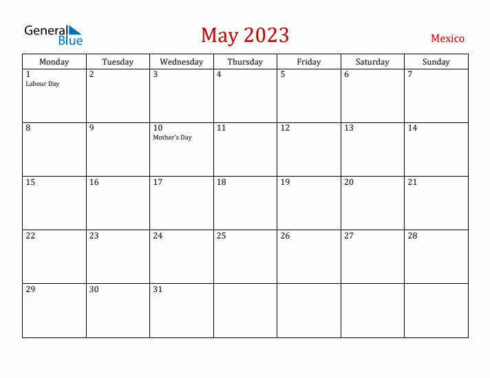 Mexico May 2023 Calendar - Monday Start