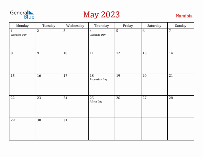 Namibia May 2023 Calendar - Monday Start