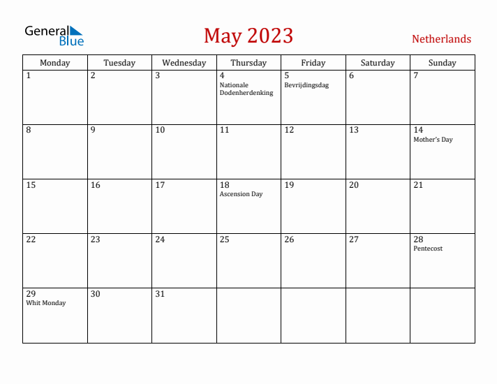 The Netherlands May 2023 Calendar - Monday Start