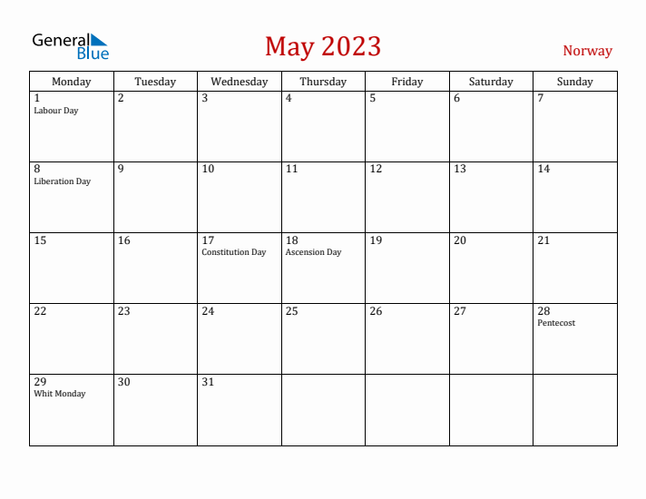 Norway May 2023 Calendar - Monday Start