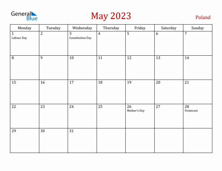 Poland May 2023 Calendar - Monday Start