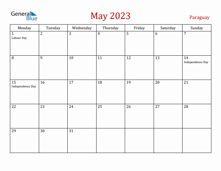Paraguay May 2023 Calendar - Monday Start