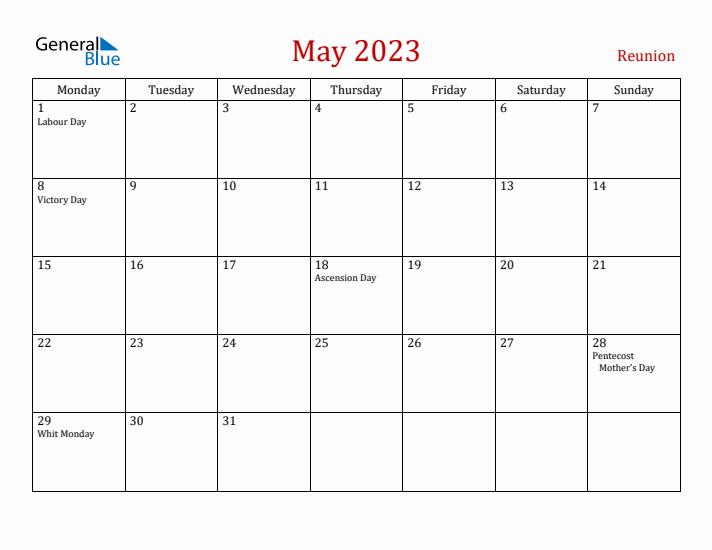 Reunion May 2023 Calendar - Monday Start
