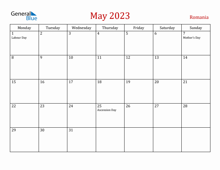 Romania May 2023 Calendar - Monday Start