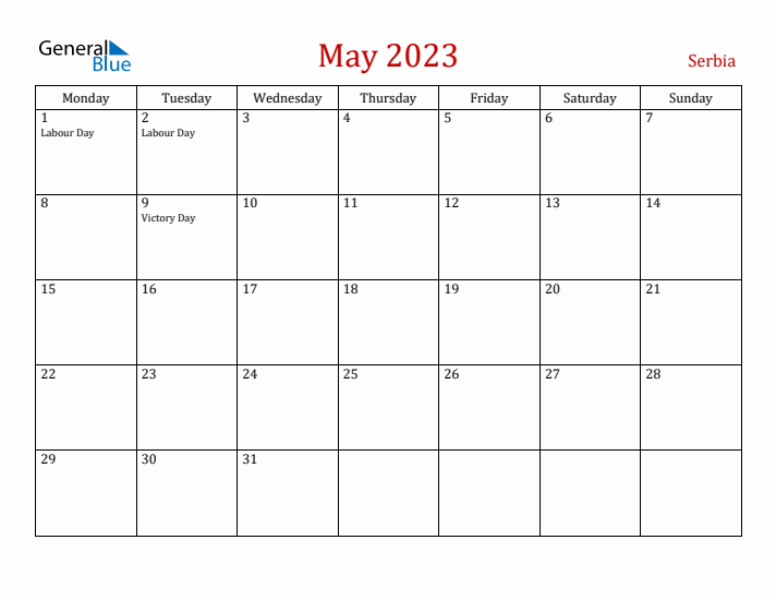 Serbia May 2023 Calendar - Monday Start