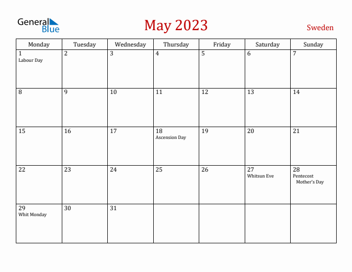 Sweden May 2023 Calendar - Monday Start