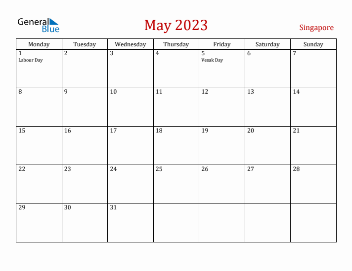 Singapore May 2023 Calendar - Monday Start