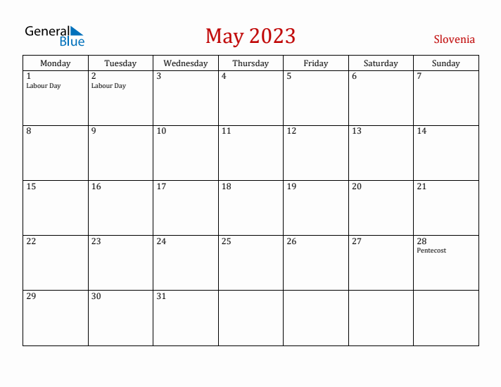 Slovenia May 2023 Calendar - Monday Start