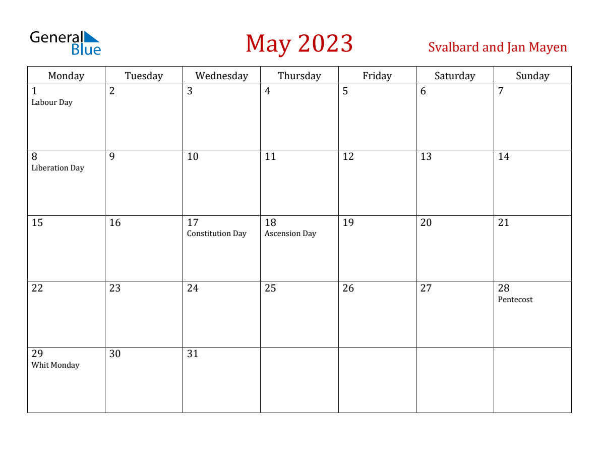May 2023 Svalbard And Jan Mayen Monthly Calendar With Holidays