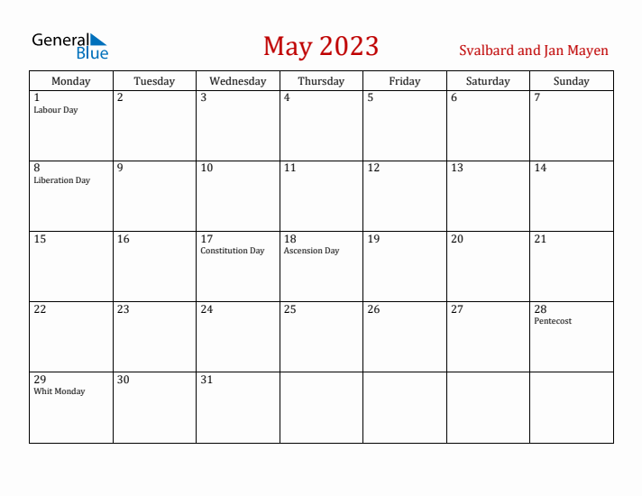 Svalbard and Jan Mayen May 2023 Calendar - Monday Start