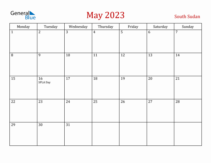 South Sudan May 2023 Calendar - Monday Start