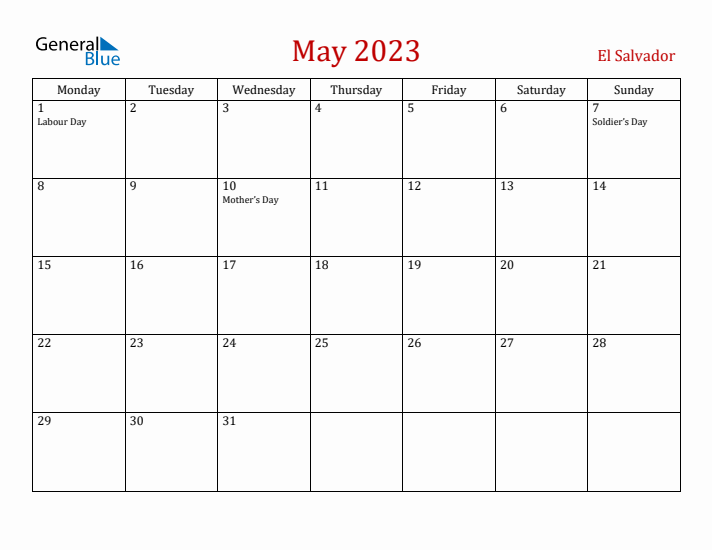 El Salvador May 2023 Calendar - Monday Start
