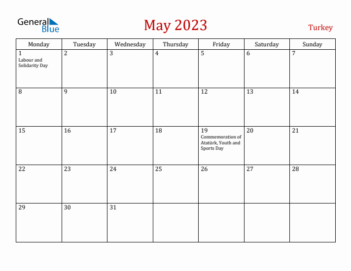 Turkey May 2023 Calendar - Monday Start