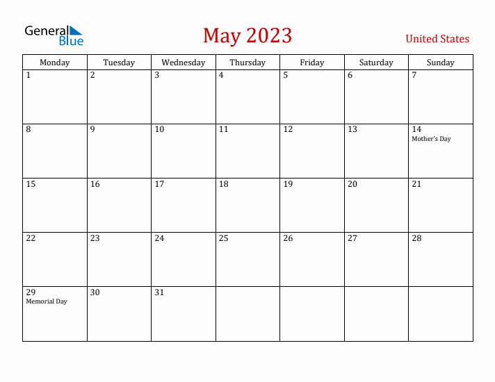 United States May 2023 Calendar - Monday Start