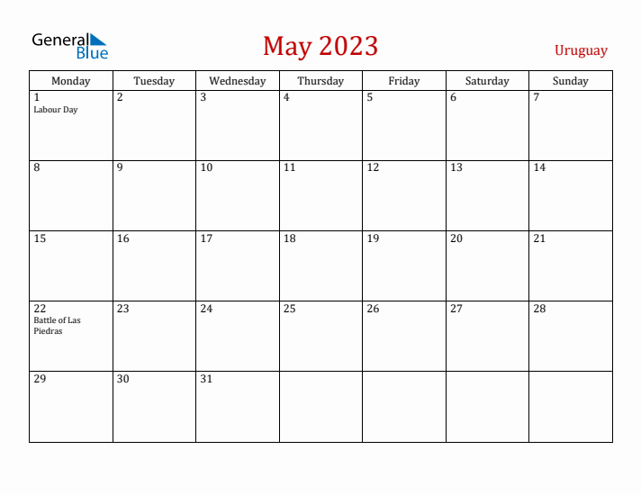 Uruguay May 2023 Calendar - Monday Start