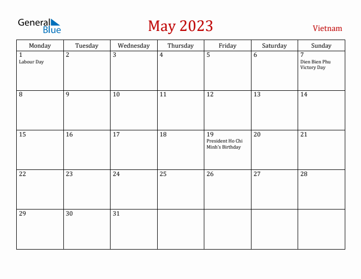 Vietnam May 2023 Calendar - Monday Start