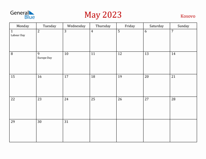 Kosovo May 2023 Calendar - Monday Start