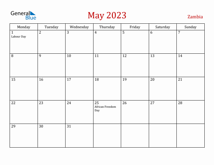 Zambia May 2023 Calendar - Monday Start