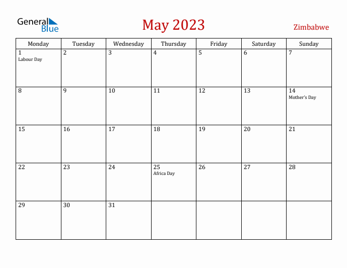 Zimbabwe May 2023 Calendar - Monday Start