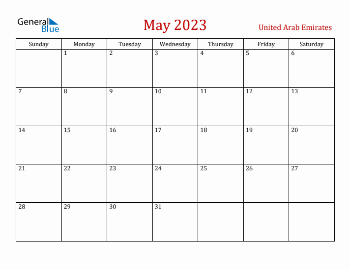 United Arab Emirates May 2023 Calendar - Sunday Start