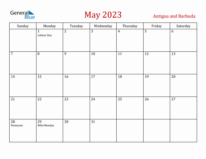 Antigua and Barbuda May 2023 Calendar - Sunday Start
