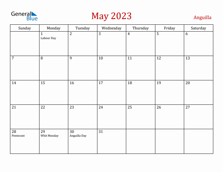 Anguilla May 2023 Calendar - Sunday Start