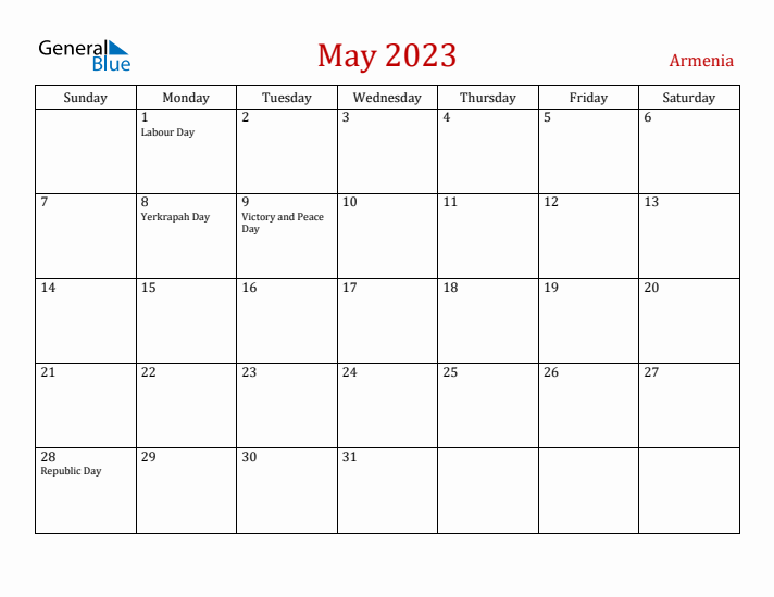 Armenia May 2023 Calendar - Sunday Start