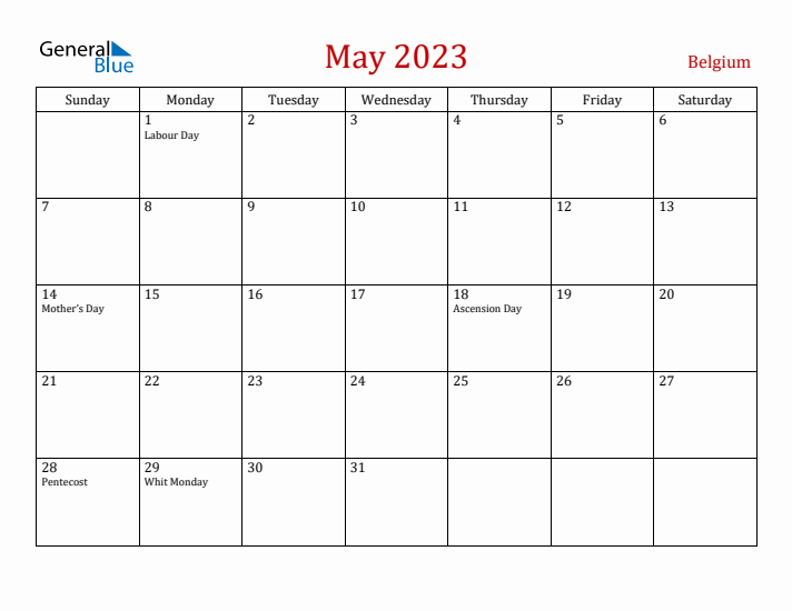 Belgium May 2023 Calendar - Sunday Start