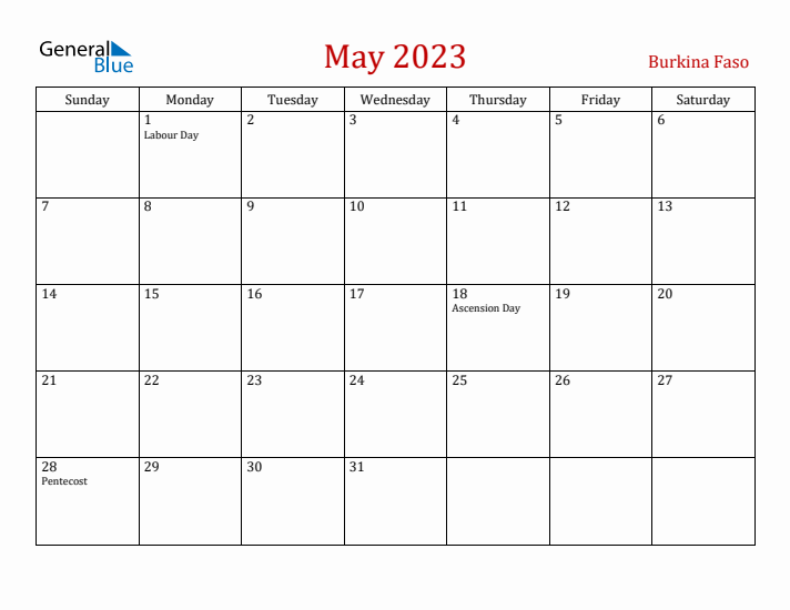 Burkina Faso May 2023 Calendar - Sunday Start