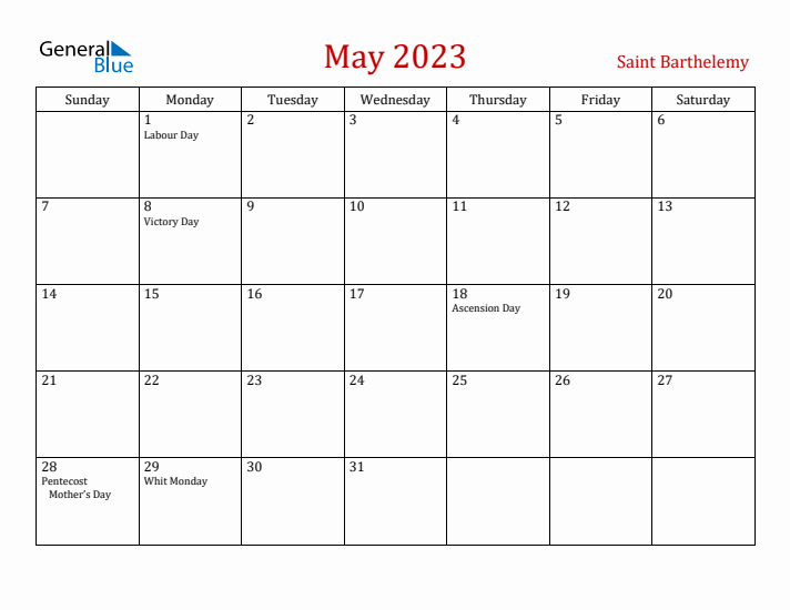 Saint Barthelemy May 2023 Calendar - Sunday Start