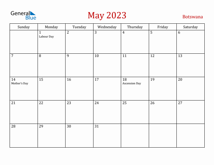Botswana May 2023 Calendar - Sunday Start