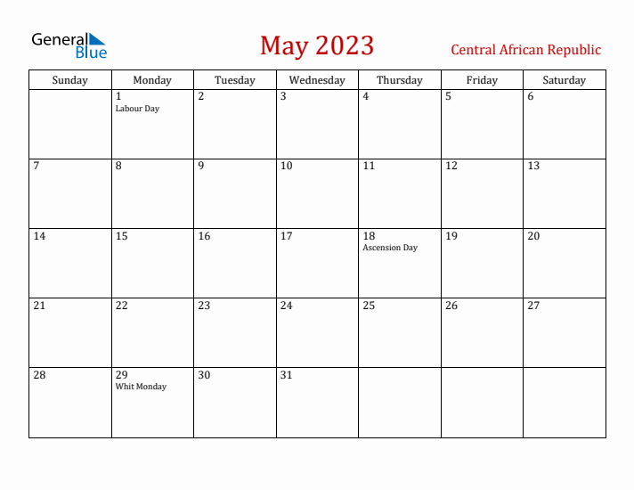 Central African Republic May 2023 Calendar - Sunday Start