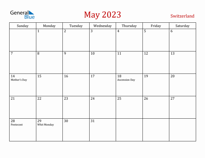 Switzerland May 2023 Calendar - Sunday Start