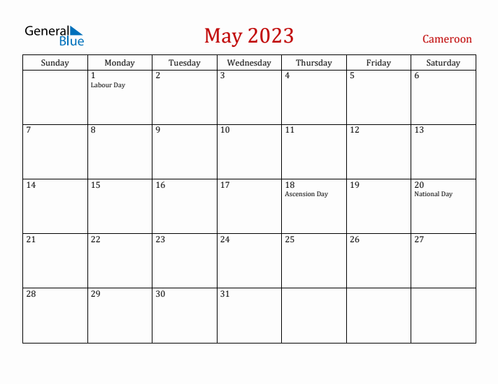 Cameroon May 2023 Calendar - Sunday Start