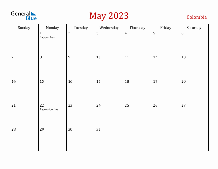 Colombia May 2023 Calendar - Sunday Start