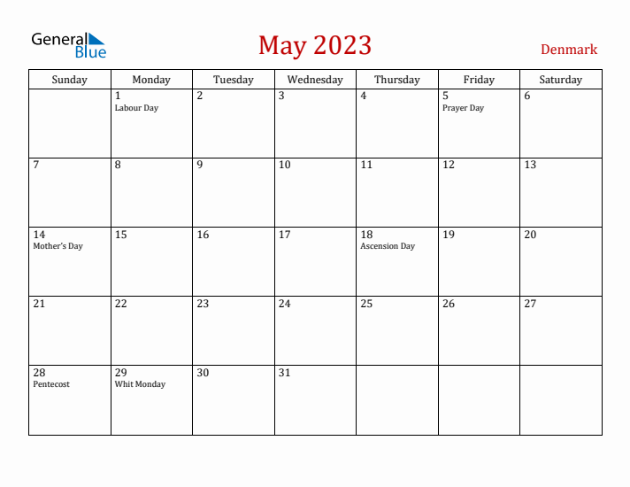 Denmark May 2023 Calendar - Sunday Start