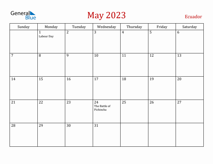 Ecuador May 2023 Calendar - Sunday Start