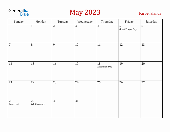 Faroe Islands May 2023 Calendar - Sunday Start