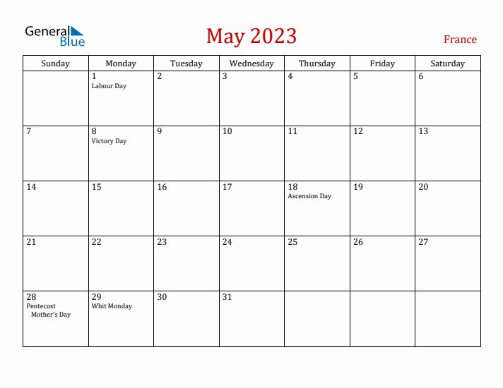 France May 2023 Calendar - Sunday Start