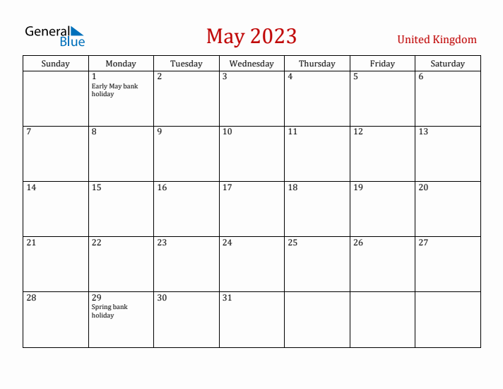 United Kingdom May 2023 Calendar - Sunday Start