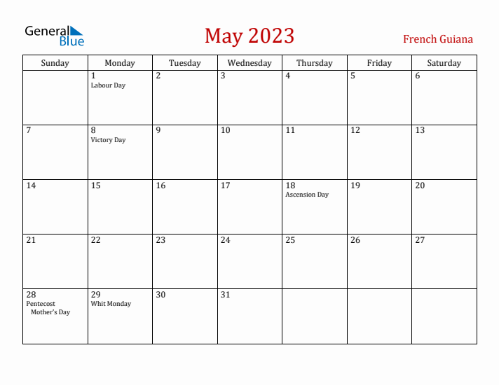 French Guiana May 2023 Calendar - Sunday Start