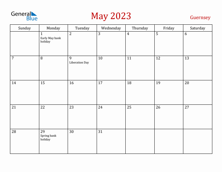 Guernsey May 2023 Calendar - Sunday Start