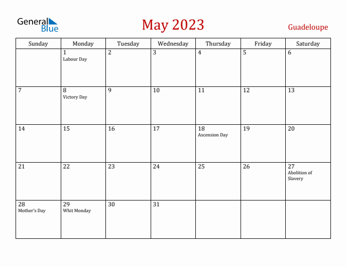 Guadeloupe May 2023 Calendar - Sunday Start