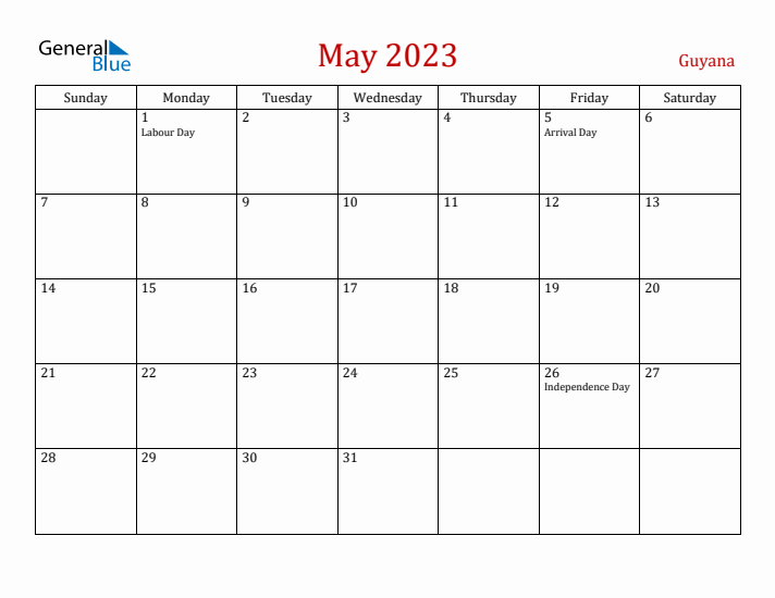 Guyana May 2023 Calendar - Sunday Start
